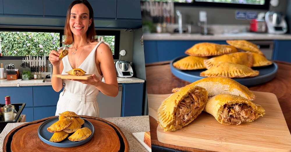 Pastel assado com recheio de frango dourado e suculento