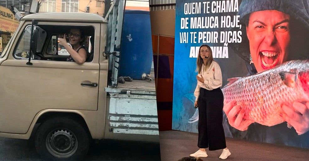 Manu da Peixaria na Kombi carregando água e em uma palestra — Foto: Arquivo pessoal: Manu da Peixaria