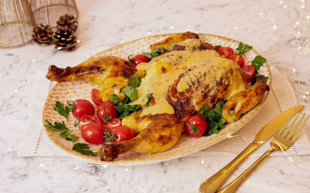 Frango espalmado com molho de mostarda