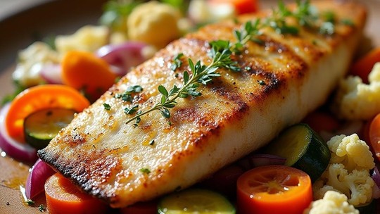 Tilápia marinada na cerveja com legumes assados