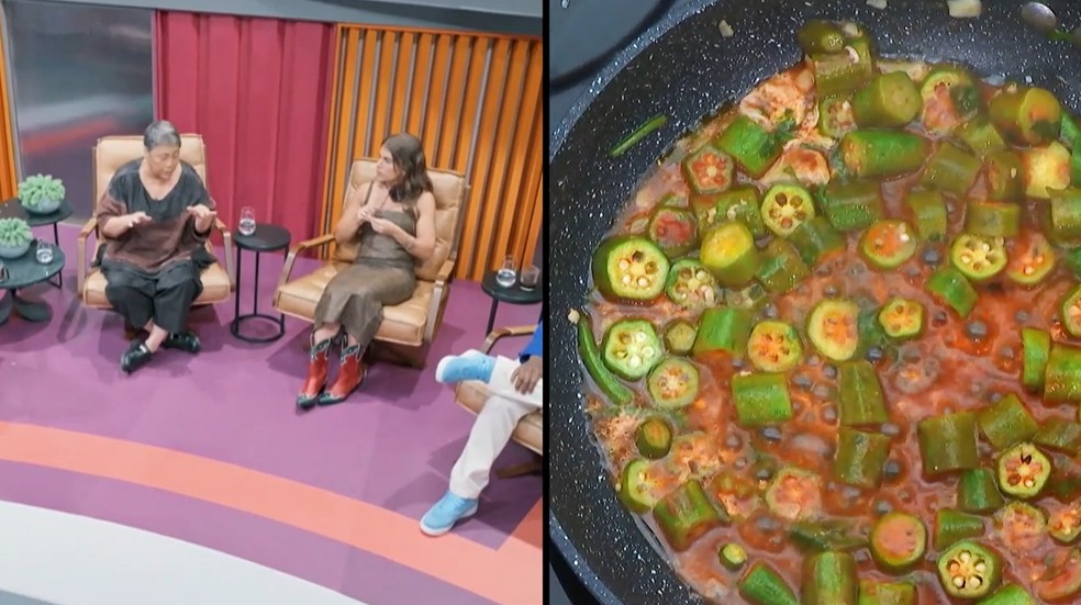 Kátia Barbosa revela o segredo para tirar a baba do quiabo no Geladeiras em Ação — Foto: Globo