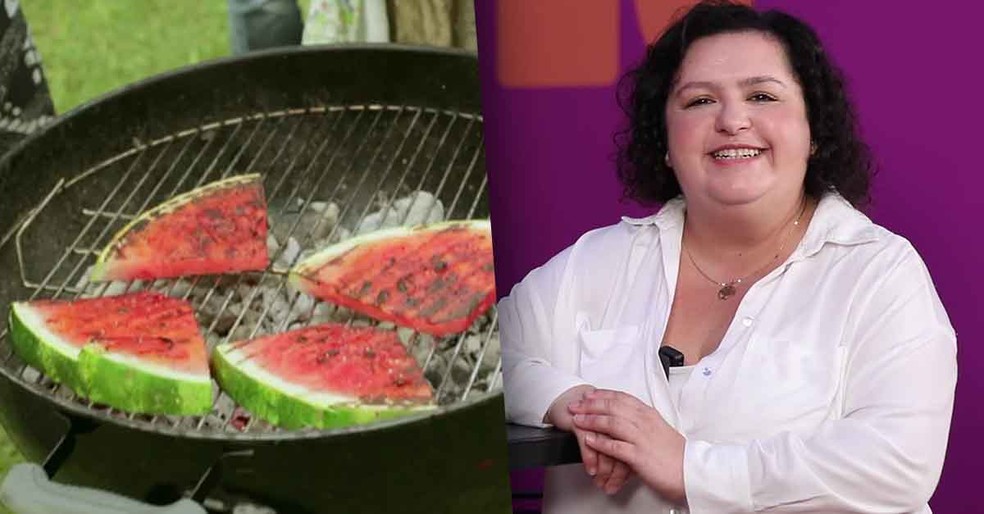 Churrasco de melancia da Bela Gil de um lado, Iara falando sobre o polêmico preparo do outro — Foto: Receitas