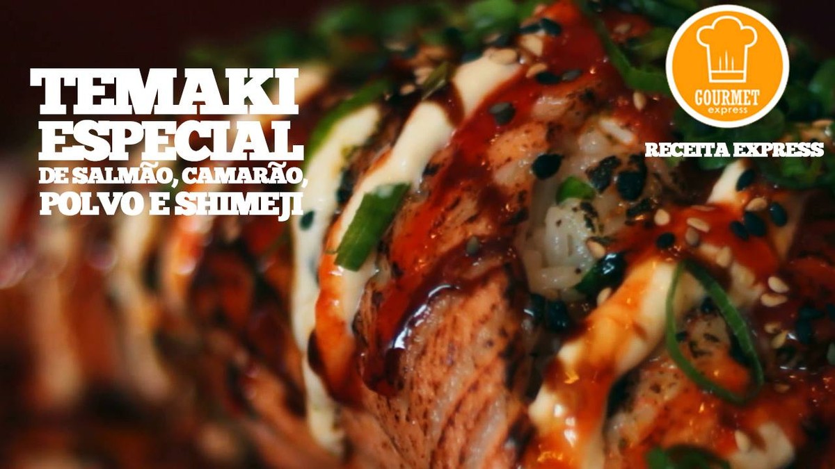 Temaki especial de salmão, camarão, polvo e shimeji Peixes e frutos