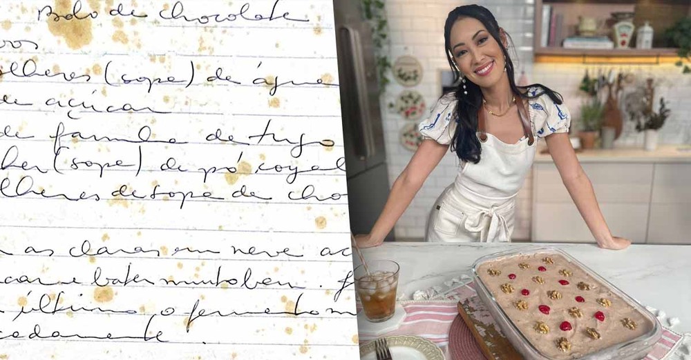 Ana Hikari encontra receita de infância escrita no papel e recria bolo de chocolate prateado