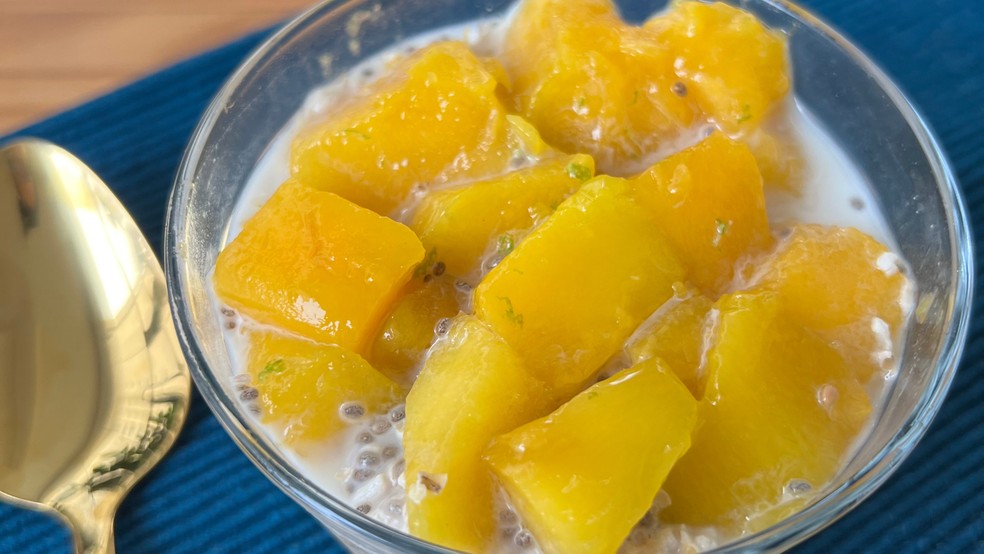 Pudim de Chia sem Lactose com Manga, coco e raspas de limão